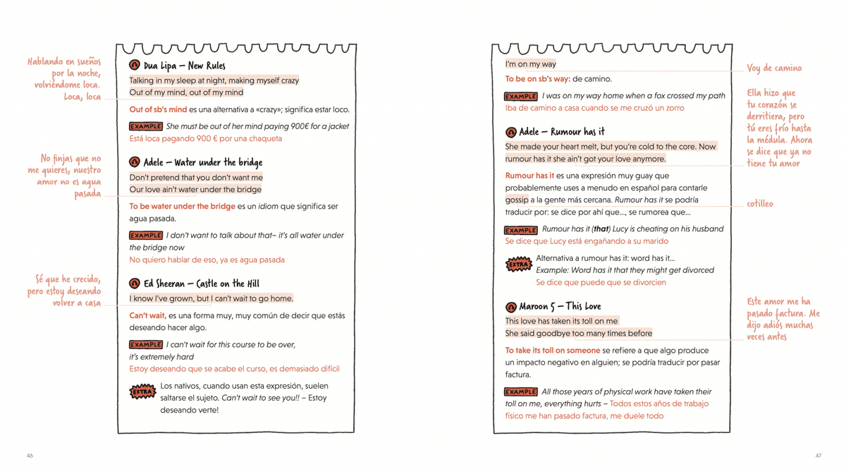 Páginas del libro con expresiones en canciones de Dua Lipa, Adele, Ed Sheeran y Maroon 5
