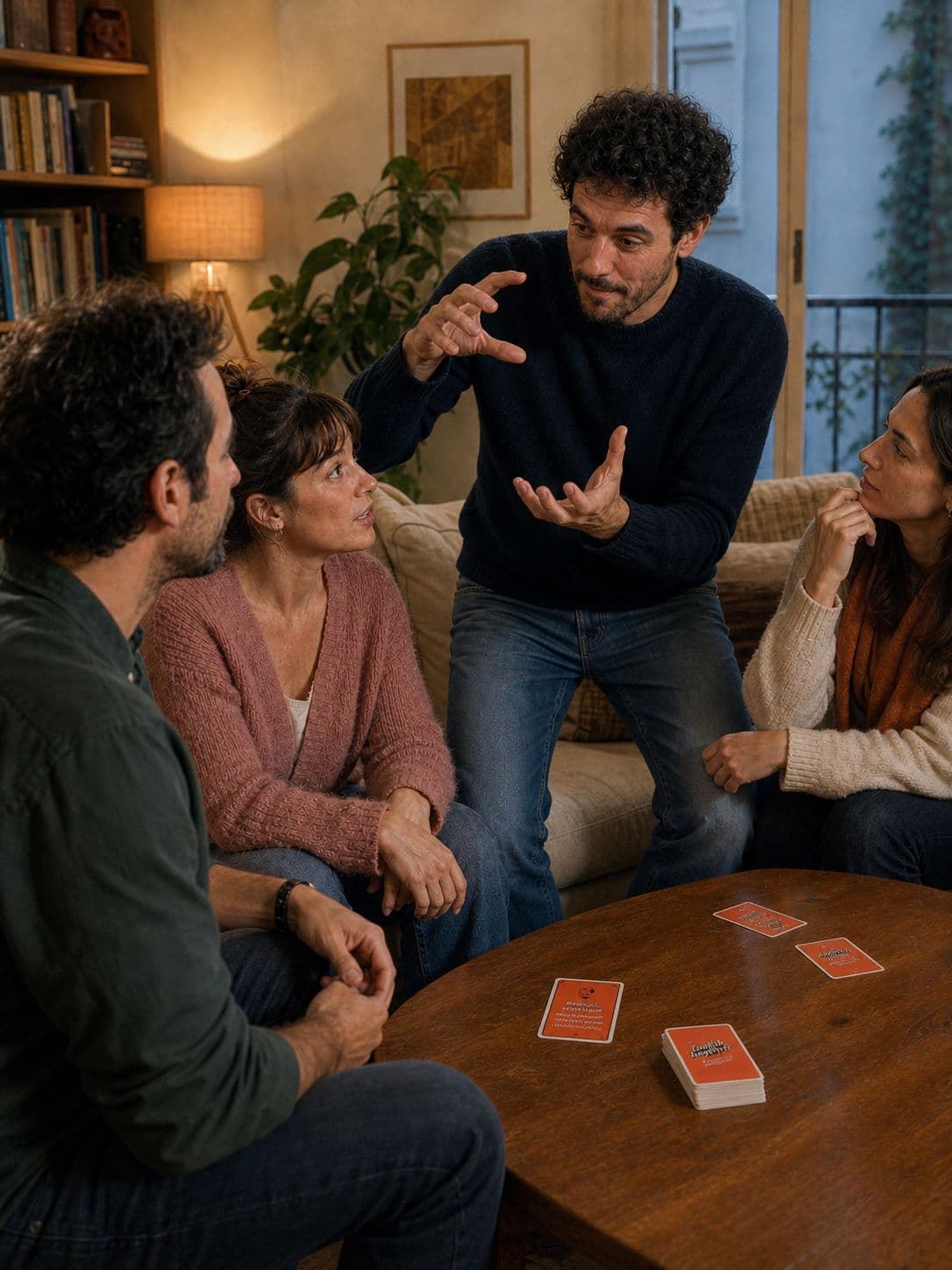 Jugadores resolviendo retos de English Together alrededor de una mesa