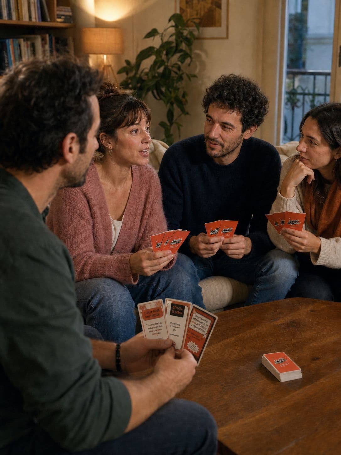 Cuatro personas conversando mientras juegan a English Together