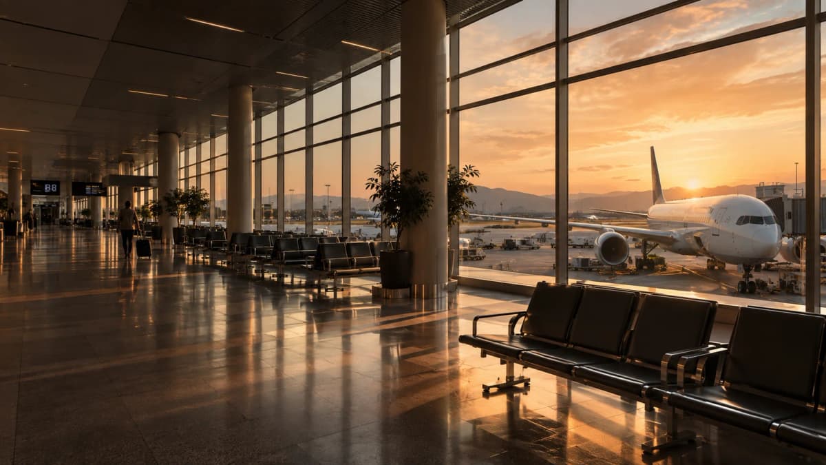 Terminal de aeropuerto con vistas a la pista
